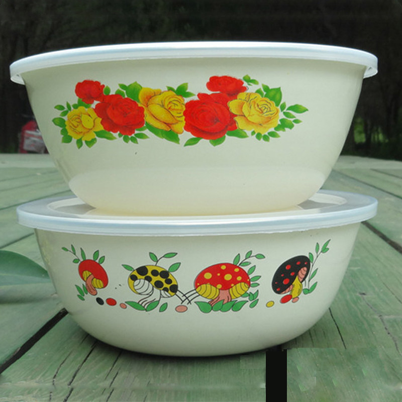 Nostalgic large enamel fresh-keeping bowl Lard bowl Hand-washing bowl Soup bowl Instant noodle bowl with lid