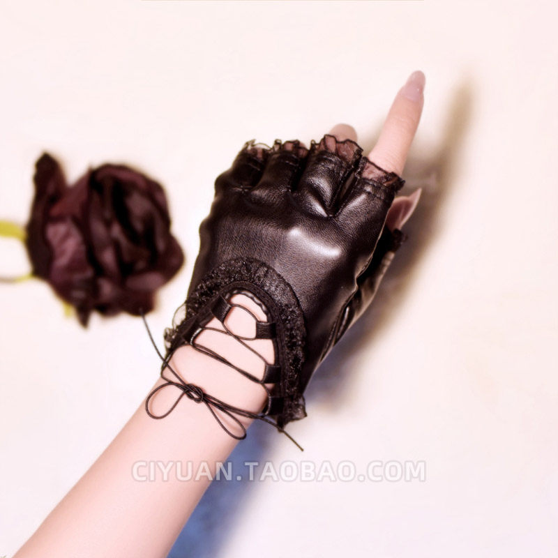 Lolita style, lace-up fingerless gloves, punk gothic style, steampunk PU leather half-finger gloves, stage cosplay.