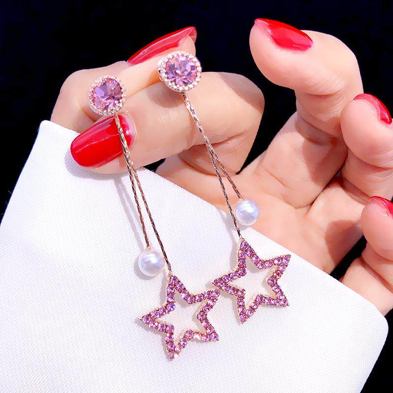 2020 new silver pins Meike red pentagram earrings Long version Temperament Net Red Fashion South Korea Personality Earrings Woman