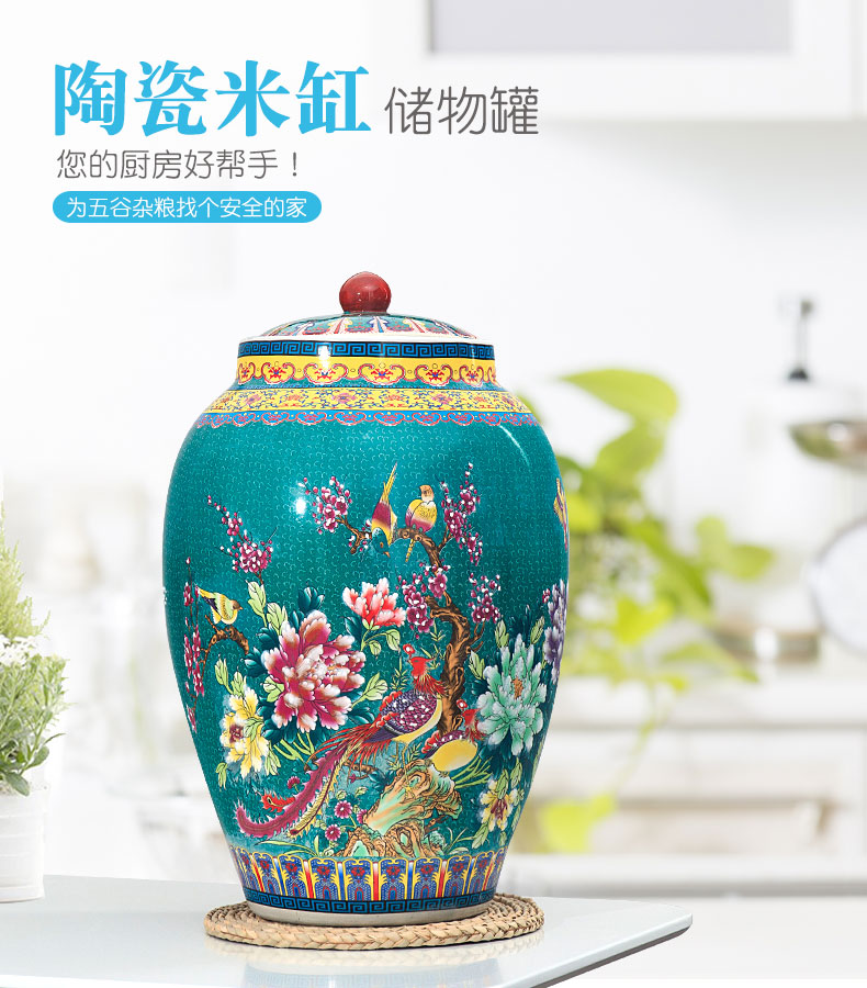 Jingdezhen ceramic barrel pack ricer box store 20 jins 30 jins of 50 kg household moistureproof insect - resistant rice jar with cover meter box