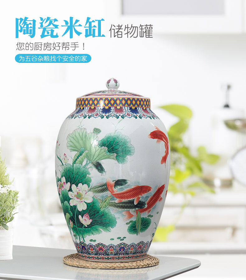 Jingdezhen ceramic barrel pack ricer box store meter box 20 jins 30 jins of 50 kg household moistureproof insect - resistant rice jar with cover the bucket