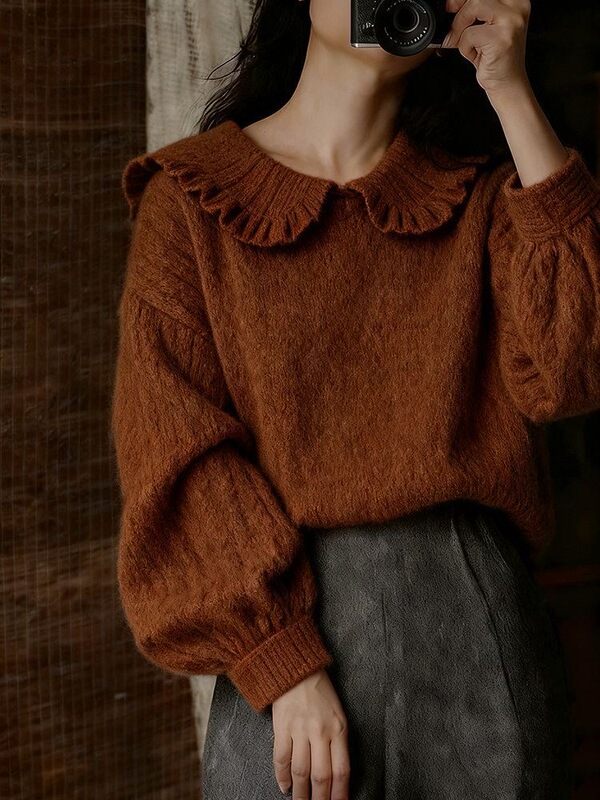 Melard Caramel-Colored Doll Collar Puff Sleeve Pullover Sweater 2026 Autumn and Winter Lazy Retro Knitwear for Women Trendy Melard Caramel-Colored Doll Collar Puff Sleeve Pullover Sweater 2026 Autumn and Winter Lazy Retro Knitwear for Women Trendy