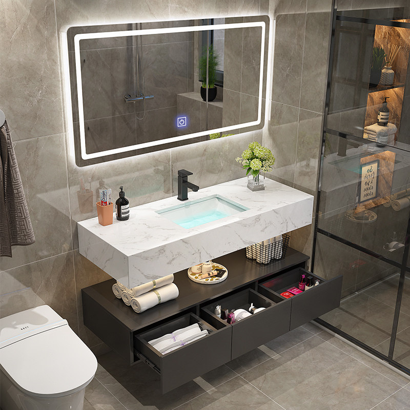 Nordic simple solid wood bath cabinet combination wall-mounted wash basin Marble basin Powder room Light luxury sink