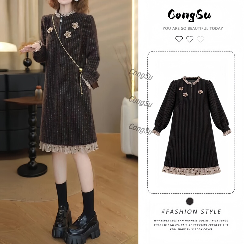 2026 Autumn and Winter New Floral Elegant High-End Design Retro Color-Blocking Slimming Long-Sleeve Shirt Dress for Women