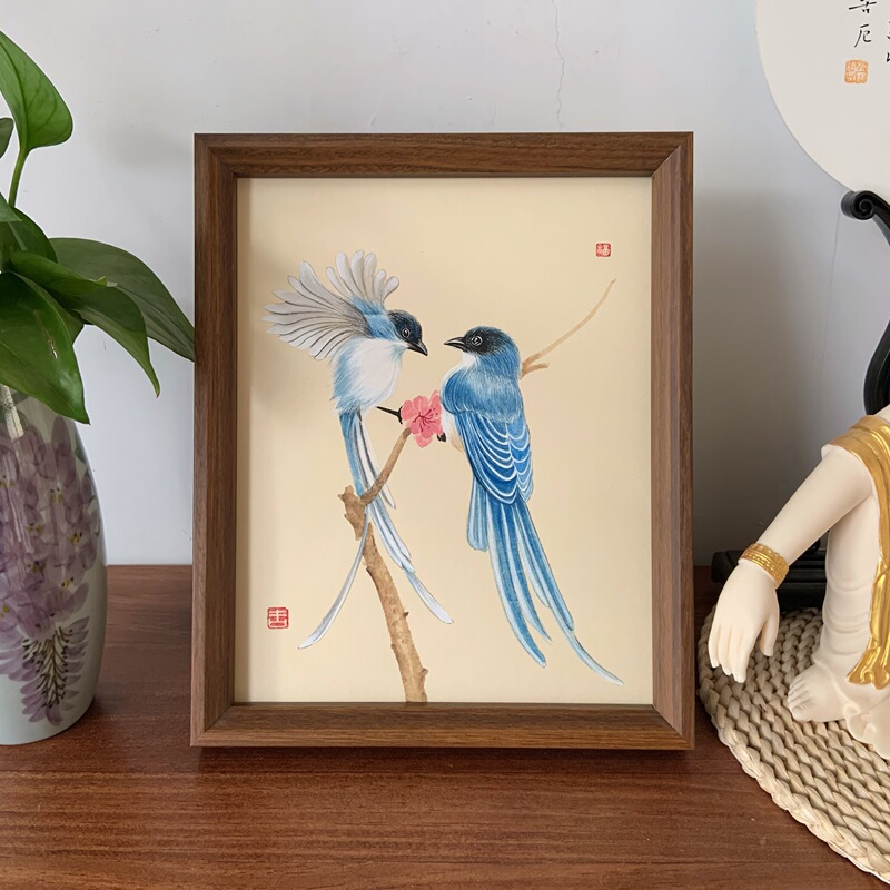 Magpie on a Table, Double Magpies Bringing Good News, Traditional Chinese Painting, Tea Room Desk Decoration, New Chinese Style Hanging Painting, Gift, Souvenir, Purely Hand-Painted