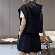 Loose and lazy suit Hong Kong style sports and leisure functional suit for women summer hooded vest elastic shorts for women