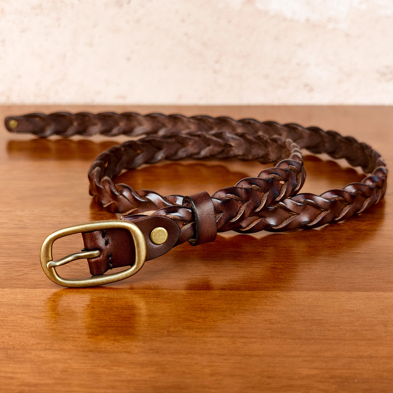 Women's Belt with a Unique Design, Vintage Handmade Woven Top-Grain Leather, No-Punch Buckle, Suitable for Jeans and Dresses