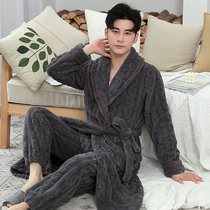 Nightjacket men in autumn and winter thickening coral velvet warm flannel bathrobe long dress gown Winter home suit