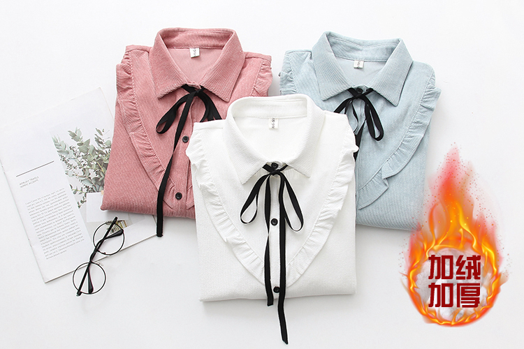 Áo sơ mi nữ tay dài cộng với áo nhung dày 2018 thu đông mới Han Fan áo ấm thắt nơ thắt nơ áo sơ mi nữ dài tay thời trang