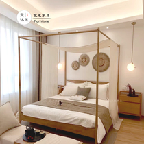 Zen new Chinese style solid wood frame bed black walnut 1 8m double bed bed and breakfast hotel bedroom wedding bed furniture