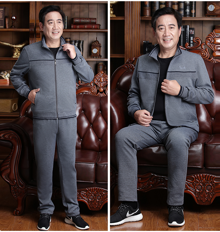 Mùa xuân và mùa thu Mới Bộ đồ thể thao nam trung niên Bộ đồ cotton màu rắn hai mảnh Kích thước lớn thoải mái Bộ đồ thoải mái các kiểu đồ bộ đẹp