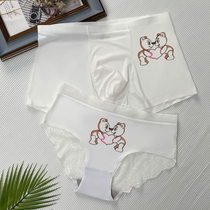 Couple underwear A man and woman summer cute cartoon bear breathable ultra thin ice wire white sexy lace