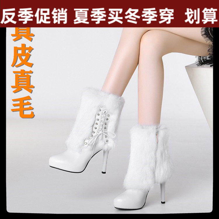 Fur short boots women's stiletto high-heeled leather cotton shoes 2022 winter new rabbit fur Martin boots fashion mid-tube boots women's shoes