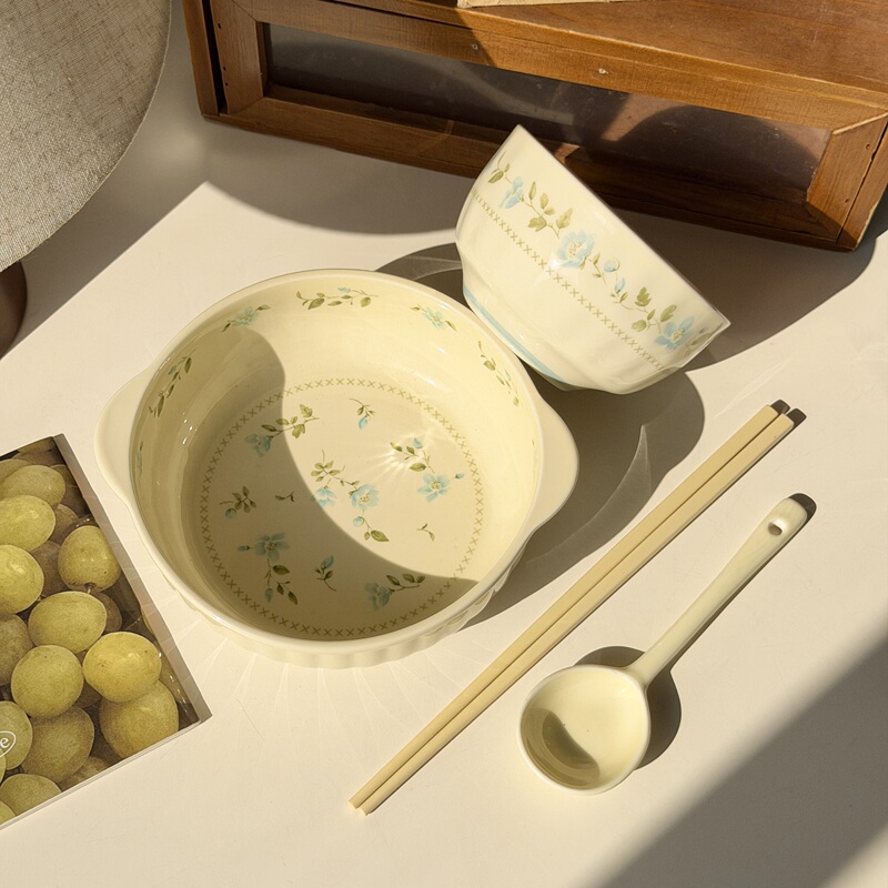 Cream Green Orchid Underglaze Ceramic Tableware, High-Value Double-Handle Bowl with Spoon and Chopsticks, Student Dormitory Noodle Bowl, Salad Bowl