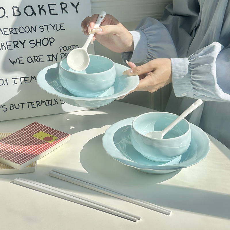 Sea Salt Blue Bowl and Plate Set for Home Use 2025 New Model High-Value Bowl, Plate, Chopsticks, and Tableware Set for Housewarming