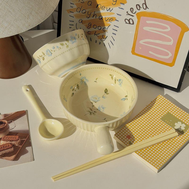 Creamy Green Orchid Single-Serving Handle Bowl Rice Bowl Set for Girls, Instant Noodles, Ceramic Tableware for Home, Dormitory, Students Creamy Green Orchid Single-Serving Handle Bowl Rice Bowl Set for Girls, Instant Noodles, Ceramic Tableware for Home, Dormitory, Students