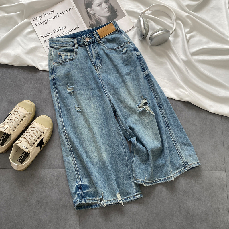 Petite Women's Stylish Ripped Cropped Wide-Leg Jeans, 2026 Summer Thin High-Waisted Loose Straight Pants