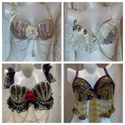 Clearance stock: Electronic music festival costumes, rave dance costumes, colorful sparkling diamond fringed bras, Bra bar shell corsets
