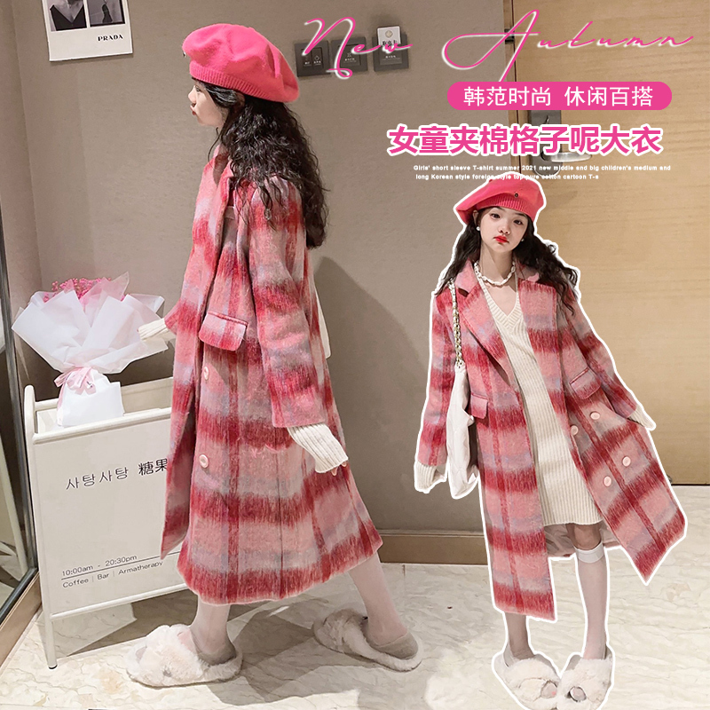 Girls' Woolen Coat 2025 Woolen Jacket Long Padded Thickened Autumn and Winter Clothing for Older Children Retro Plaid Coat