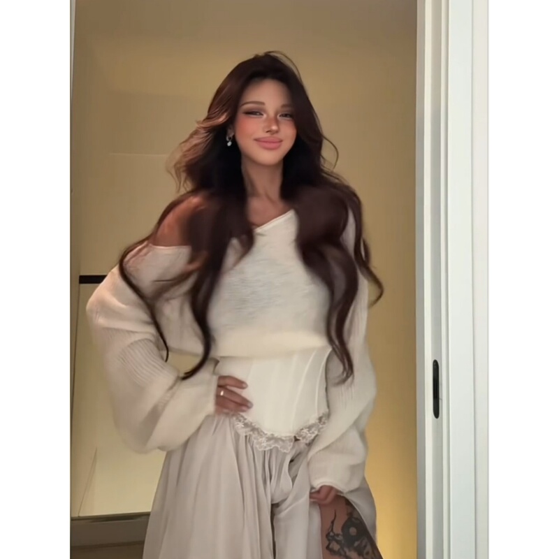 White Fishbone Lace Off-Shoulder Long-Sleeve Knit Top for Women, Autumn Pure Desire Off-Shoulder Stunning Slim-Fit Waist-Cinching Sweater Top