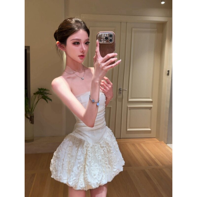 White Lace Mesh Tube Top Dress for Women, Summer Sexy Pure Desire Waist-Cinching Puffy Short Skirt, Birthday Dress
