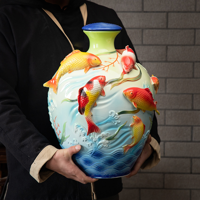 Jingdezhen ceramic household seal wine jar 20 jins in the process of creative leap it bottle furnishing articles