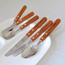 Japanese Vinoguins Wind Smiley Face Wood Handle Knife Fork Spoon Suit Sweet Spoons Cheese Knife Minimalist Gourmet Photography Photo