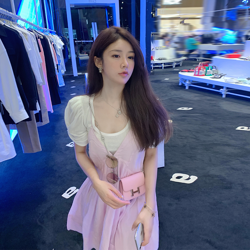 Eleven girls small age-reducing short-sleeved suit skirt female summer temperament pure and sweet silk suspender skirt