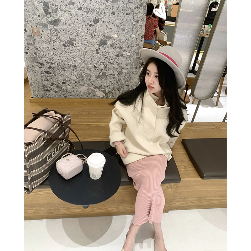Eleven girls 2021 winter heavy industry wool double-sided woolen coat women's minimalist pullover stand collar white coat