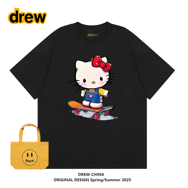 【Same Style】Drew Trendy Brand Cat Skateboard Cat Print Short-Sleeve T-Shirt for Men and Women, Couple Summer Loose Half-Sleeve 【Same Style】Drew Trendy Brand Cat Skateboard Cat Print Short-Sleeve T-Shirt for Men and Women, Couple Summer Loose Half-Sleeve