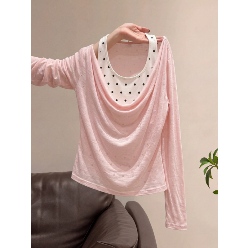 Pink Design Polka Dot Halter Neck Two-Piece Set Top for Men and Women, New Summer Sweet Long-Sleeved Blouse T-Shirt