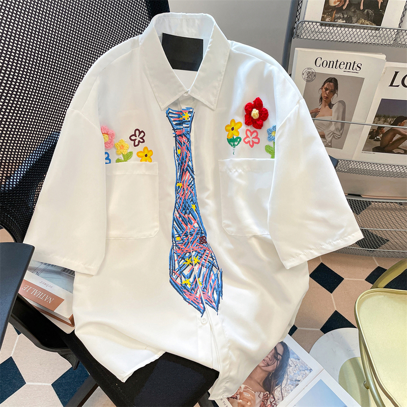 Summer Style College-Style Graffiti Tie Floral Embroidered Shirt for Men and Women, Loose Casual Trendy Brand Short-Sleeved Outerwear
