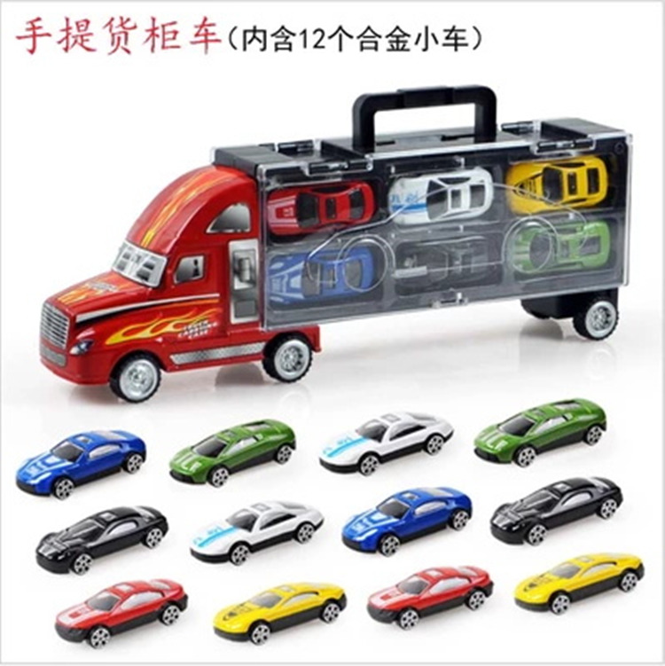 1 Large Carry-on Container Car With 12 Alloy Car Transporter Inertial Car Model Suit Children Toy A