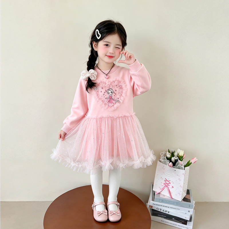 Girls' Elsa Princess Long-Sleeved Sweatshirt Dress Autumn Outfit for Baby Girls Sweet Mesh Frozen Elsa Spring and Autumn Dress
