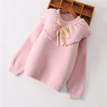 Girl Sweater Thickened Water Mink Suede Collar Jacket Beating Undershirt Ocean Gas Children 2021 New Autumn Winter Dress CUHK Youngster