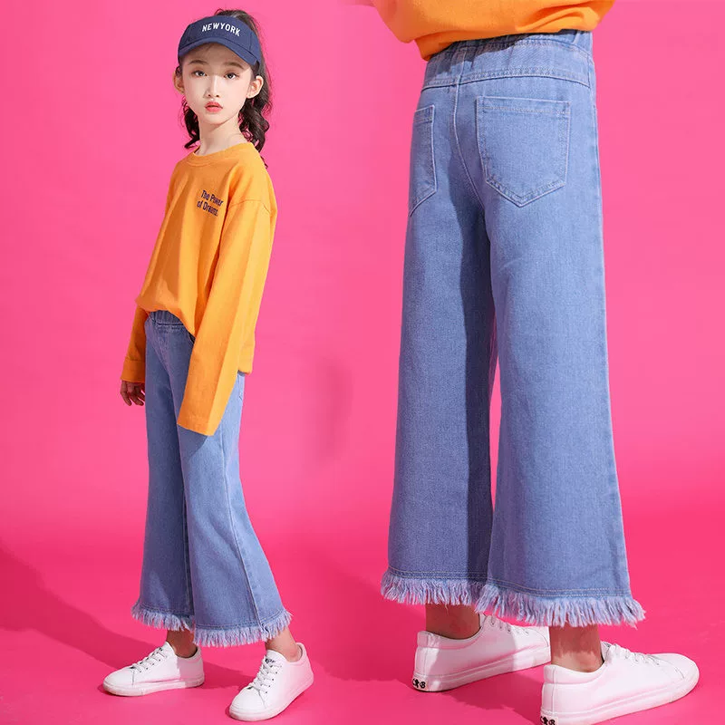 Quần bé gái quần kèn quần jeans mùa xuân và mùa thu mới bé trai lớn phong cách nước ngoài bé gái cắt quần mùa hè - Quần jean