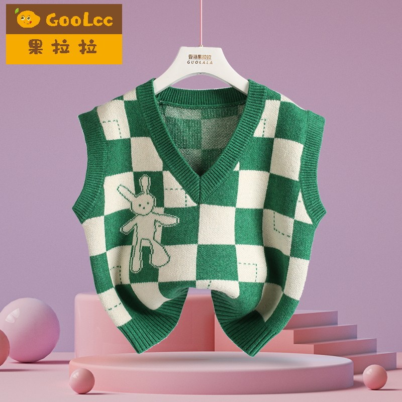 Girl's waistcoat outside wearing 2022 spring autumn season new children's knitted sweatshirt jacket head vest female baby waistcoat chessboard grid