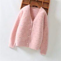 Girls cardiovert sweater childrens clothing female baby needlework 2022 spring autumn clothes new water mink suede foreign air jacket thin