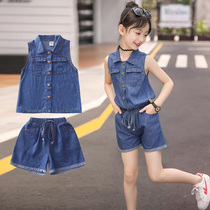 Girl Denim Suit Summer Childrens Clothing Little Girl 2022 Spring Summer Dress New Baby Korean Version Trendy Ocean Wave