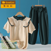 Girls suit nets red summer clothes 2022 new spring and autumn clothes children cotton linen two sets of large children clothes foreign air baby