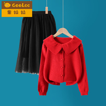 Girl suit knitted cardiovert sweater skirt Two sets of women Baby Ocean Gas 2022 Spring and autumn loaded with new girl