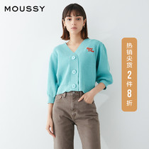 MOUSSY 2021 spring and summer new back MICKEY embroidery French mid-sleeve knitted cardigan 028ESY70-0010