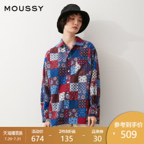 MOUSSY 2021 spring and autumn new vintage stitching printing lapel casual shirt women 010ESQ30-1000