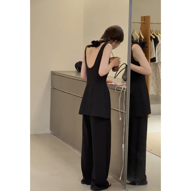 Korean-Style Design, Stylish and Fashionable Black Backless Sleeveless Camisole and Long Pants Two-Piece Set for Women in Summer