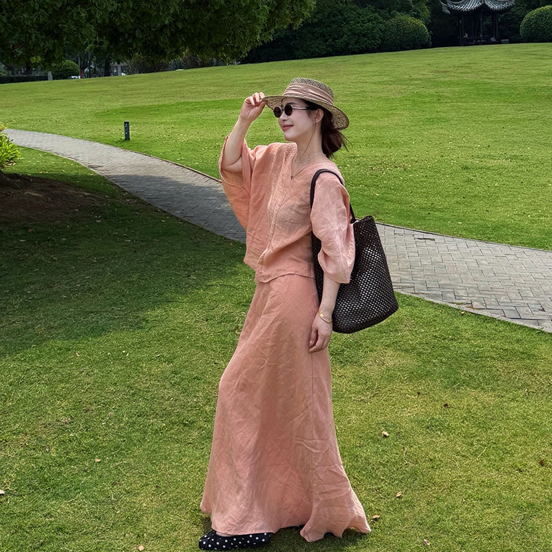 Korean-Style Linen Suit, Age-Reducing, Fashionable, Relaxed V-Neck, Thin Sun-Protective Top and Skirt Two-Piece Set for Women in Summer
