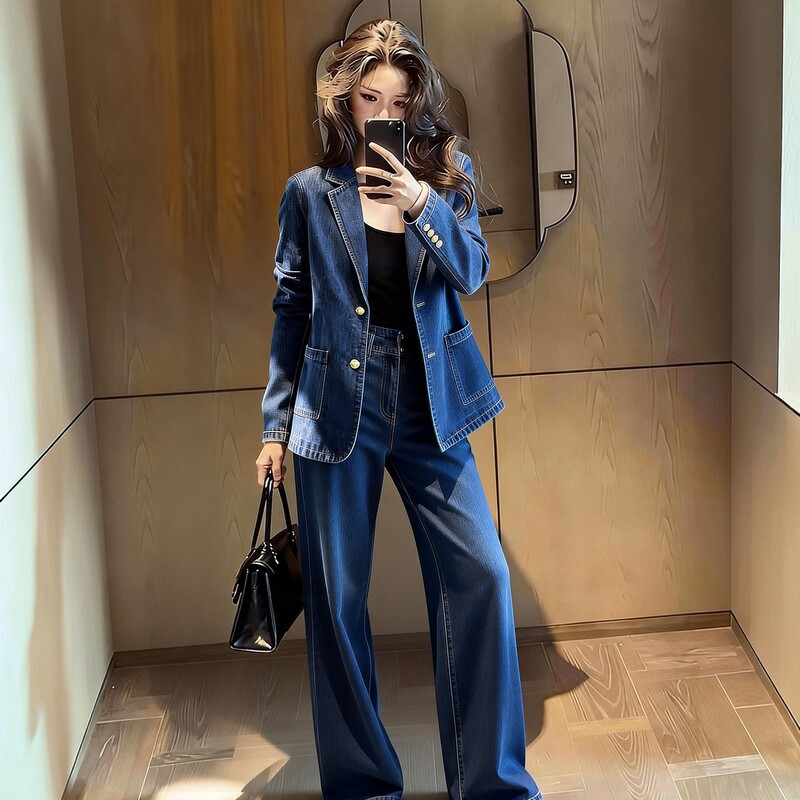 Fashionable Retro Denim Suit for Women 2026 Spring New Style High-End Versatile Jacket and Wide-Leg Pants Two-Piece Set