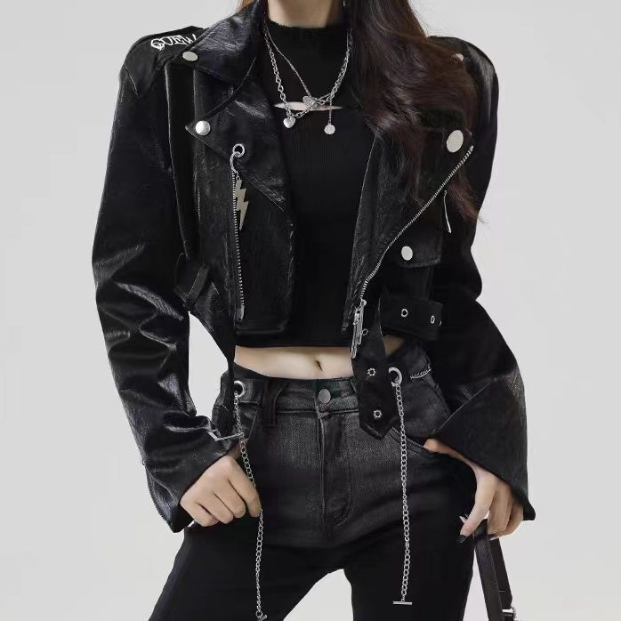 New Style Sweet and Spicy Sexy Ins-Style Personality Cool French Export Fashion Black Spicy Girl Waist-Revealing Leather Jacket Short Style Super Spicy