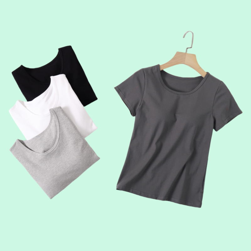 Women's Summer Pure Cotton Short-Sleeve Top with Chest Pads, Half-Sleeve T-Shirt, Base Layer, Beautiful Back, Slim Fit, Integrated Cup, Solid Color Inner Wear