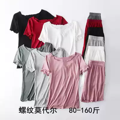 Fungus edge summer thin short-sleeved shorts suit threaded modal pajama top home service yoga Korean bottoming