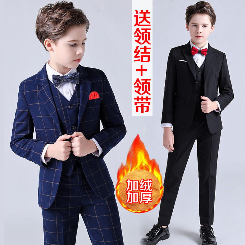 Boys' suit suit autumn and winter new plus velvet middle and big children's foreign style small suit boy host performance dress tide